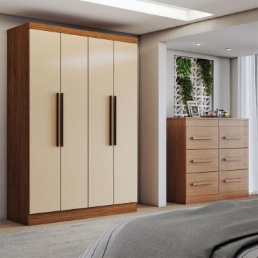 Imagem de Guarda-Roupa Solteiro Europa 4 Portas 2 Gavetas Cômoda 6 Gavetas Cinamomo/Off White - Panorama Móveis