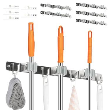 Imagem de XYDHQS Suporte de parede com 5 peças para esfregão e vassoura, impermeável, de aço inoxidável, organizador de rack com 3 prateleiras e 4 ganchos, adesivo que economiza espaço/parafuso para montagem em