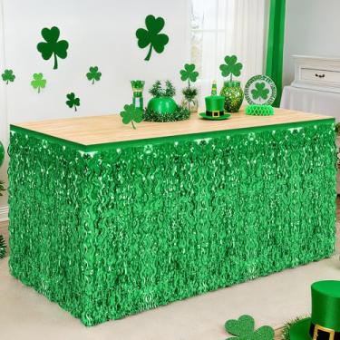 Imagem de Pacote com 2 saias de mesa verde, saia de mesa de grama de Dia de São Patrício, saias de mesa onduladas metálicas com franjas, saias de cortina de mesa para feriado irlandês São Patrício, casamento