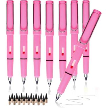 Imagem de XIUSHE 8 lápis rosa infinito eterno para escrever - conjunto de lápis sem tinta de metal infinito eterno de 0,7 mm, lápis de escrita mágicos tecnológicos para uso profissional em escola e escritório