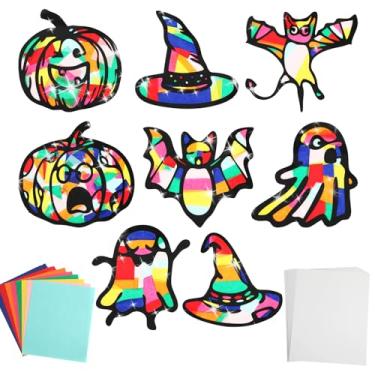 Imagem de Marspark 32 conjuntos de kit de artesanato de apanhador de sol de outono de Halloween papel pré-cortado com 8 designs de Halloween: abóbora, chapéu de bruxa, morcego, fantasma, inclui 32 molduras, 32