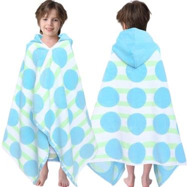 Imagem de VOOVA & MOVAS Toalha de praia infantil (3 a 10 anos), absorvente de secagem rápida leve com capuz para piscina | natação | banho, faixa de bolinhas azuis