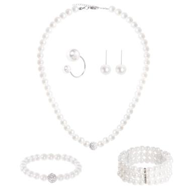 Imagem de Conjunto de joias femininas de pérolas falsas com 5 peças, colar de strass simulado, pulseiras, brincos para festa temática, acessórios de casamento