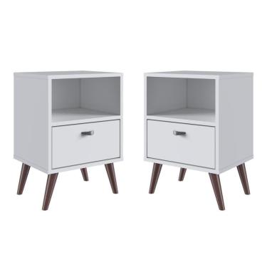 Imagem de Kit 02 Mesa De Cabeceira Nicho 39cm Com Gaveta E Pés Palito Retrô Branca