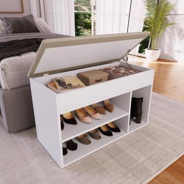 Imagem de Sapateira Banco Baú Organizador 81cm 7 Pares Com Tampo Estofado Branca