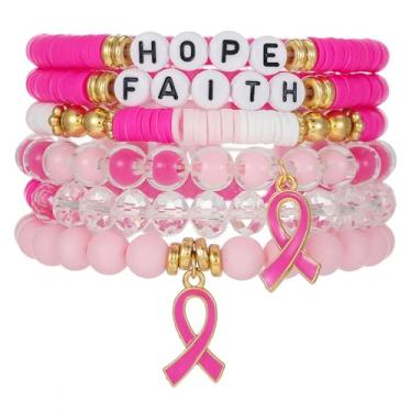 Imagem de xuzhiyuan 6 peças/conjunto de pulseiras de fita rosa Hope Faith, contas de argila macia, sobrevivente do câncer de mama, presente para mulheres, adjustable, Metal, Sem Pedra Preciosa
