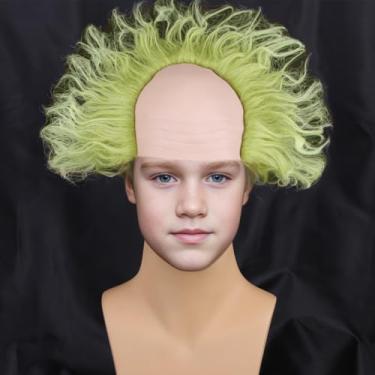 Imagem de PATTNIUM Peruca Verde Infantil Com Touca Careca, Curta Ombré, Fofa E Ondulada, Fantasia De Cosplay Para Halloween