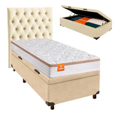 Imagem de Cama Box Bau + Colchão Solteiro Molas Ensacadas Isis Real Inducol + Cabeceira Estofada