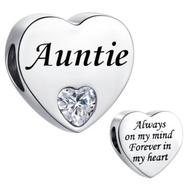 Imagem de MiiFort Auntie Pingente de coração de amor transparente compatível com pulseiras Pandora Contas de aniversário para mulheres Always on My Mind Forever In My Heart Aço inoxidável