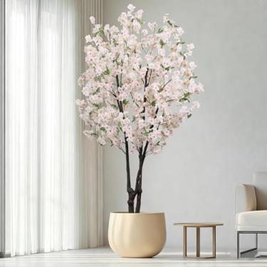 Imagem de Árvore de cerejeira branca artificial 1,72 m (172,7 cm) Planta realista realista para decoração de interiores, vaso natural, flores de cerejeira rosa realista, tronco de madeira para casa, sala de