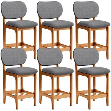 Imagem de Kit 06 Banquetas Baixa Bar Cozinha E Sala De Jantar Fixa Betta L02 Imbuia Linho Cinza Escuro - Lyam Decor