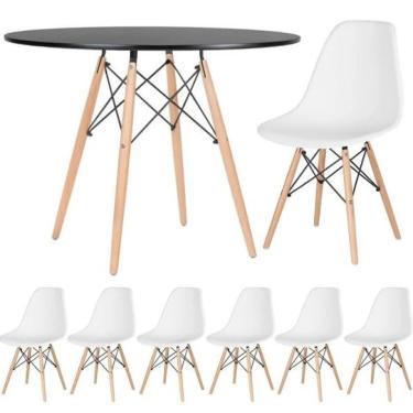 Imagem de Conjunto de Mesa Redonda Eames 100cm Preto + 6 Cadeiras Eiffel Dsw Branco