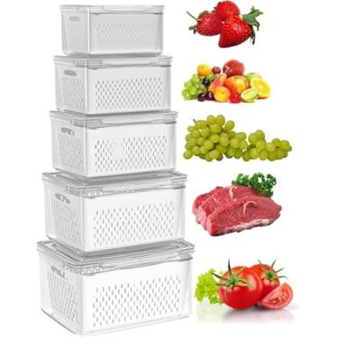 Imagem de Kit 5 Organizadores de Cozinha com Potes Herméticos e Escorredor Multiuso – Armazenamento de Alimentos, Grãos, Cereais e Legumes – Cestos Organizadores para Geladeira, Pia e Despensa
