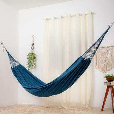 Imagem de Rede de Descanso Casal em Algodão 3,90m x 1,40m – Rede de Dormir para Varanda, Jardim e Camping(Azul Petróleo com Preto)