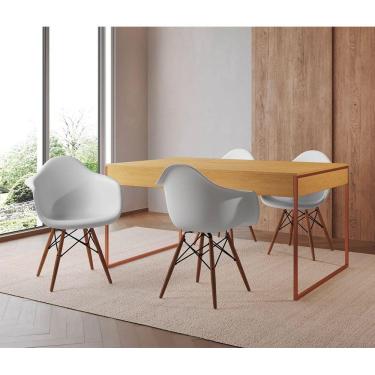 Imagem de Mesa Jantar Industrial Filadélfia Canela 137X90Cm Base Cobre Com 4 Poltronas Brancas Ma Marrom