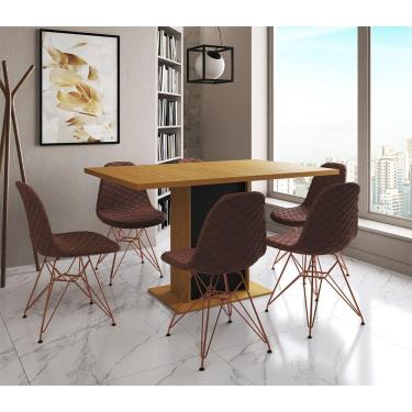 Imagem de Mesa Jantar Londres Retangular Canela 137X90 Base Preta 6 Cadeiras Estofadas Caramelo Base Cobre