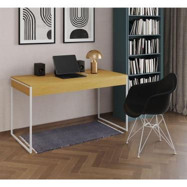 Imagem de Escrivaninha Industrial Office Estudo Malta Canela 137X53Cm Com 1 Poltrona Preta Base F Marrom