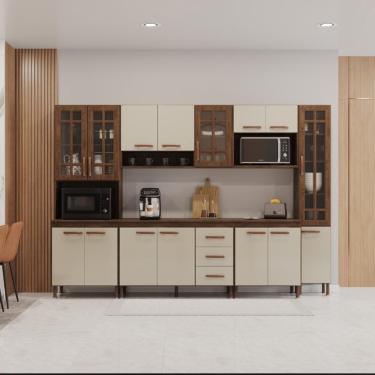 Imagem de Cozinha Modulada Completa Fidelitá Lisboa 6 Peças 295cm 15 Portas 3 Gavetas Com Tampo Noce/off-white