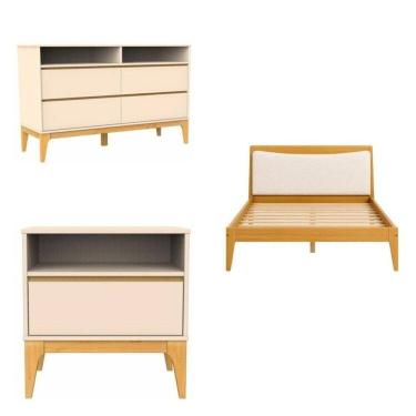 Imagem de Quarto Completo 1 Cama Casal Cabeceira Estofada 2 Mesas de Cabeceira 1 Cômoda 4 Gavetas Yescasa Cappuccino/Amêndoa