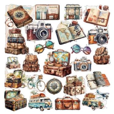 Imagem de Adesivos de viagem vintage, 25 peças, malas, câmeras, mapas, bússolas, adesivos de scrapbook, suprimentos de diário de lixo, álbuns de recortes