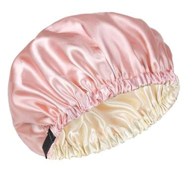 Imagem de Touca de dormir ajustável, design de cetim de camada dupla com fecho de botão, proteção capilar rosa