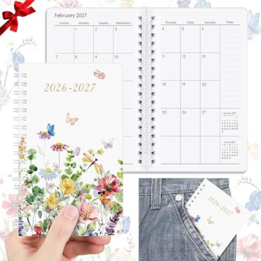 Imagem de ReliThick Calendário de bolso pequeno em espiral 2026-2027 para agenda mensal com capa de PVC, blocos de notas, presente de agradecimento para mulheres (flores silvestres)