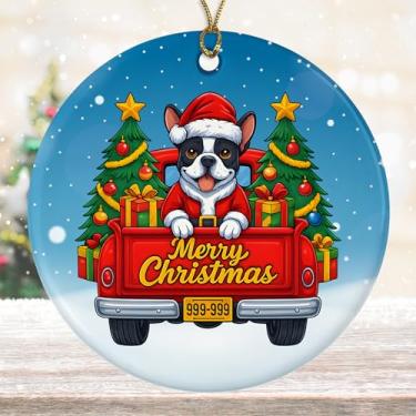 Imagem de DamienBrightGift Enfeite de Natal de Papai Noel Boston Terrier - Caminhão vermelho de cerâmica com decoração de árvore - Presente de lembrança de feriado para amantes de cães fofos - Decoração de