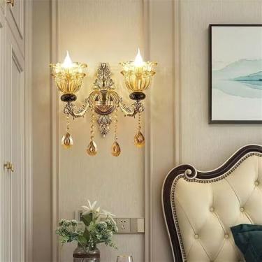 Imagem de Luminária de parede de cristal de luxo europeia, moderna, com LED, para decoração de sala de estar, quarto, escritório, quarto modelo, hotel, casa de campo, corredor (B 2 lâmpadas, 1 unidade