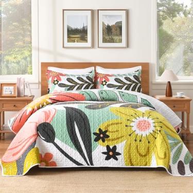 Imagem de Andency Conjunto de cama king size floral boêmio verde, 3 peças de colchas botânicas de verão com flores de fazenda, com 2 fronhas, macio reversível e leve para todas as estações, 269 cm x 243 cm