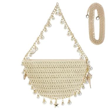 Imagem de Sariiraw Bolsa feminina Seashell Clutch de palha tecida à mão com contas de pérolas e alças destacáveis na praia, casamento, festa noturna, bolsa tiracolo para presente