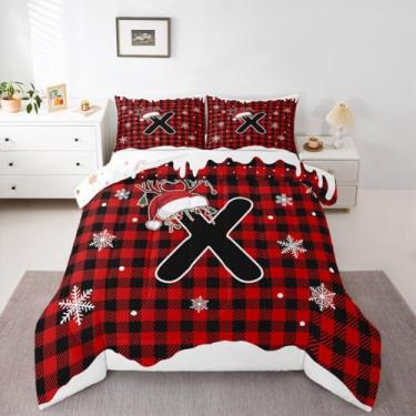 Imagem de jejeloiu Conjunto de edredom infantil de Natal, solteiro, xadrez, lençol com inicial X, para quarto de crianças, meninos, meninas, decoração geométrica, microfibra ultramacia, respirável