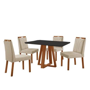 Imagem de Conjunto Sala De Jantar Mesa Floripa 120x90cm Preto Com 4 Cadeiras Luna Linho Bege