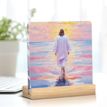 Imagem de Placa acrílica rosa Jesus Cristo andando na água, presentes de agradecimento cristão para mesa, prateleira, escritório, sala de estar, quarto, decoração