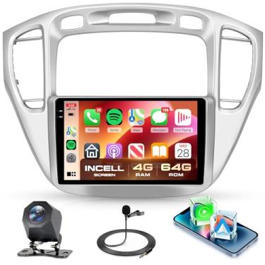 Imagem de Rádio veicular Android 4G + 64G de 4 núcleos para Toyota Highlander 2000-2007, tela sensível ao toque embutida de 9 polegadas com carplay sem fio e Android Auto, link espelhado, câmera de reserva