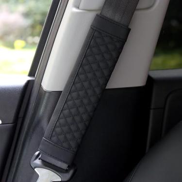 Imagem de ongfuwu Capa de cinto de segurança de carro 2 peças, capas de cinto de segurança de couro para carros, almofada de cinto de segurança automática confortável protege seu pescoço e ombro, capas de alça