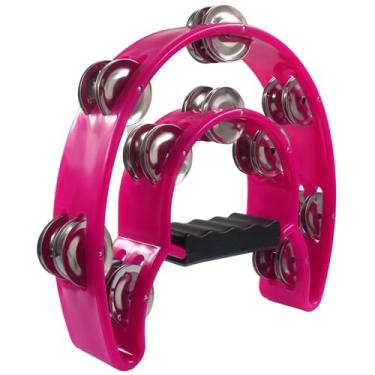 Imagem de Auvotuis Pandeiro de meia lua, percussão manual rosa choque, jingles metálicos, pandeiro de fileira única para festa, KTV