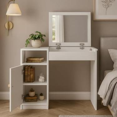 Imagem de Penteadeira Pequena com Espelho Interno | Móvel para Quarto 90cm | Escrivaninha de Maquiagem(BRANCO)