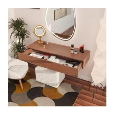 Imagem de PENTEADEIRA COM ESPELHO E 4 PRATELEIRAS MULTIUSO PARA QUARTO MODERNO CAMARIM SUSPENSO(AMADEIRADO)