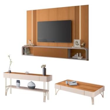 Imagem de Conjunto Home Suspenso c/LED Aparador e Mesa de Centro Vivant/Cadenza/Empire MDF/MDP Cinamomo/Off White G26 - HB Móveis