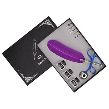 Imagem de Conjunto de caneta de imersão de pena de pena retrô vintage com 5 pontas de metal substituíveis Caneta de escrita de caligrafia antiga e elegante para artistas escritores (Roxa)