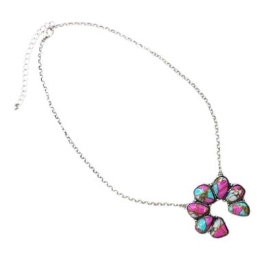 Imagem de Rosemarie & Jubalee Colar de flor de abóbora navajo ocidental, pedra rosa e turquesa, moldura de contas prateadas, corrente de 45 a 53 cm com extensão, estilo sudoeste
