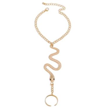 Imagem de Chamon Pulseira escrava de mão com zircão e pulso livremente ajustável e tamanho do anel joia de festa em forma de cobra, Small, liga metálica, Pedra preciosa de zircônia