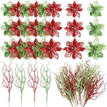Imagem de Yinder Conjunto de 48 peças de flores artificiais de poinsétia de Natal com galhos e glitter para decoração de árvore de Natal para mesa de grinalda, centro de mesa, Natal, casamento, festas (verde e