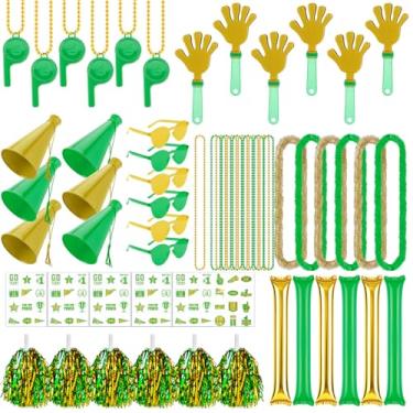 Imagem de Soulchen 180 peças de acessórios de espírito de equipe escolar em ouro verde sortido dia do time bastão de trovão apito de palmas de mão megafone pompons de torcida colar com glitter adesivo para