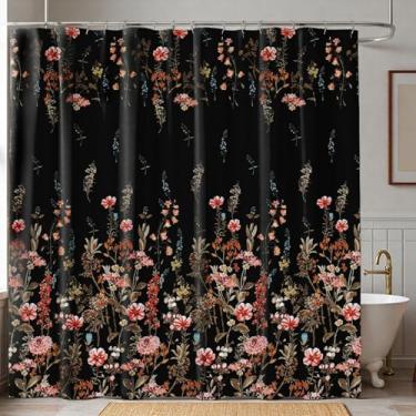 Imagem de MAG Cortina de chuveiro de tecido floral preto, painel único, decoração de banheiro à prova d'água com 12 ganchos de plástico, 182 x 182 cm, estilo hotel, cortina de banheira sem rugas com ilhós à