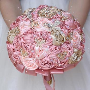 Imagem de Mhojpik Buquê de flores de casamento feito à mão com buquê redondo de rosas de cetim artificial para noiva, dama de honra, casamento, quinze anos