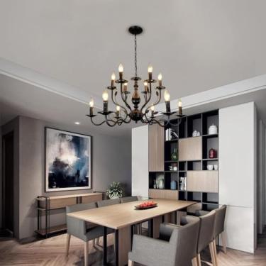 Imagem de Lustre preto E14 para sala de estar, luminária de teto metálica com 12 lâmpadas, dupla camada, em ferro, estilo clássico moderno retrô industrial, ideal para iluminação de teto em restaurant