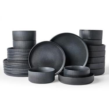 Imagem de Famiware Conjunto de louça Star com tigelas de macarrão, serviço para 6 (24 peças), pratos de grés canelados e conjuntos de tigelas duplas - resistente a lascas e arranhões, seguro para micro-ondas e