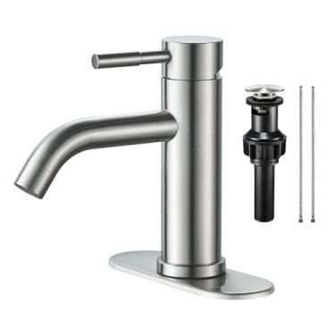 Imagem de Torneira de banheiro de níquel escovado, torneira de banheiro de orifício único com ralo pop-up para pia de banheiro, penteadeira, trailer, casa de fazenda moderna, adequada para 1 furo ou 3 furos