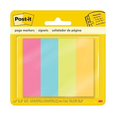 Imagem de Post-it Marcadores de página, cores sortidas, 2,54 cm x 7,62 cm, 50 folhas/bloco, 4 blocos/pacote (671-4AU)